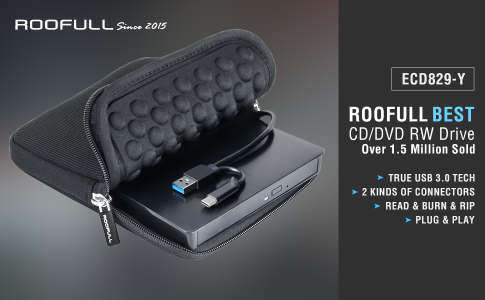 ROOFULL External CD DVD Drive USB 3.0 & USB-C