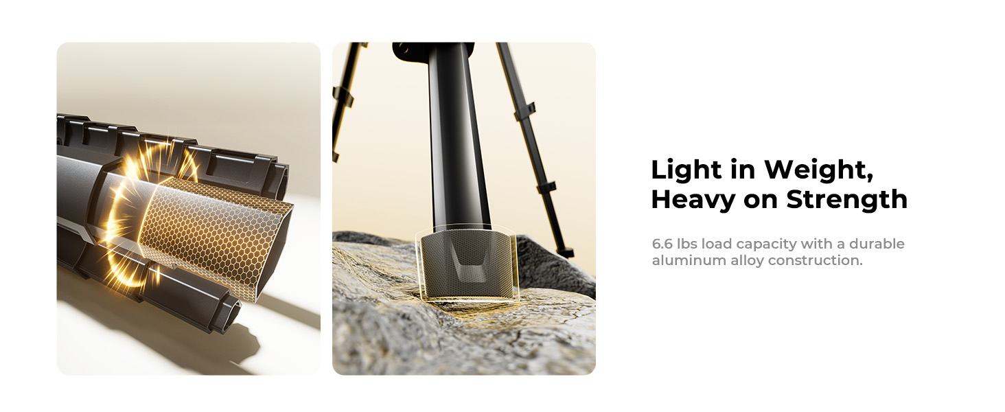 6.6 lbs load capacity. Durable aluminum alloy construction. For travel, outdoor, pro use