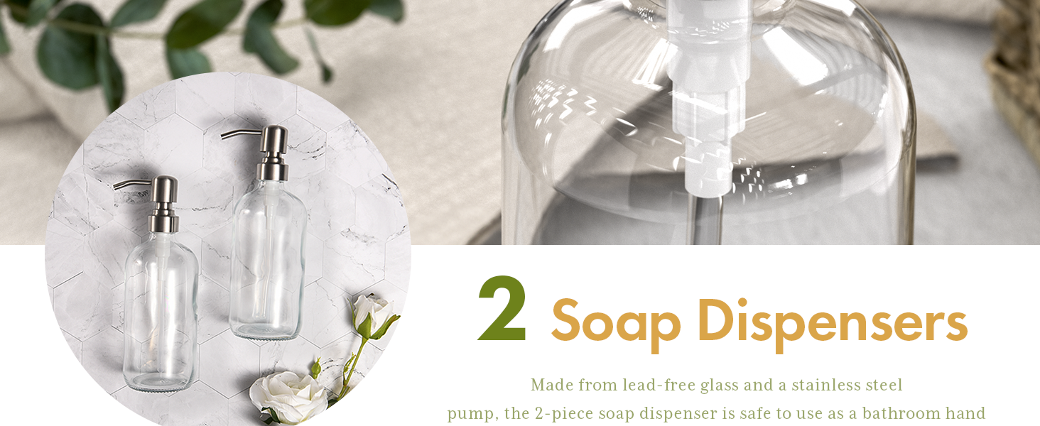 Soap Dispenser 2 Pack Glass Soap Dispenser with Pump Stainless Steel Soap Dispenser Bathroom