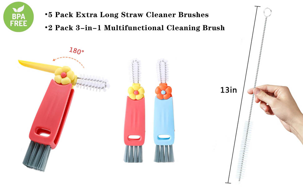 5 pack extra long 13in straw cleaner brushes and 2 pack 3 in 1 multifunctional cleaning brush