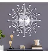 Lafocuse 23 Inch Silent Metal Bling Crystal Sunburst Wall Clock Silver Battery Operated, Large Mo...