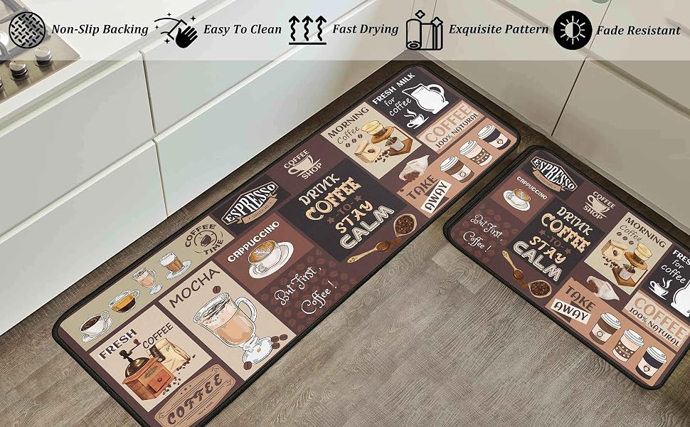 Coffee Kitchen Rugs and Mats Non-Slip, Washable, Stain and Fade Resistant