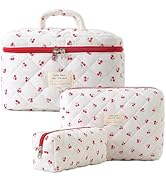 Makeup Bag, Quilted Makeup Bag,Large Floral Cosmetic Bag for Women,Cotton Makeup Bag Set,Flower T...