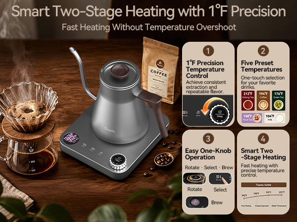 Gooseneck kettle with temperature control for pour over coffee
