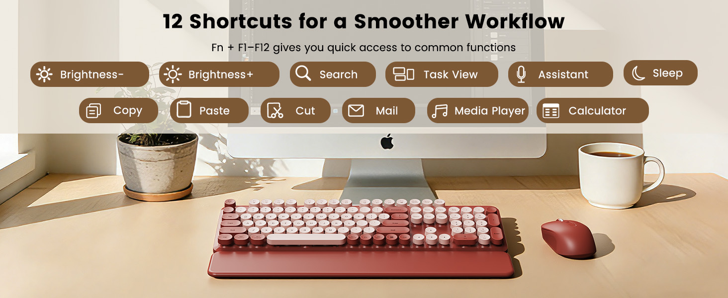 Burgundy retro keyboard and mouse with 12 shortcut keys for smoother workflow.