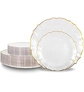 Lullaby 100pcs Translucent? White Plastic Plates with Gold Rim, Fancy Lace-Edged Disposable Plate...