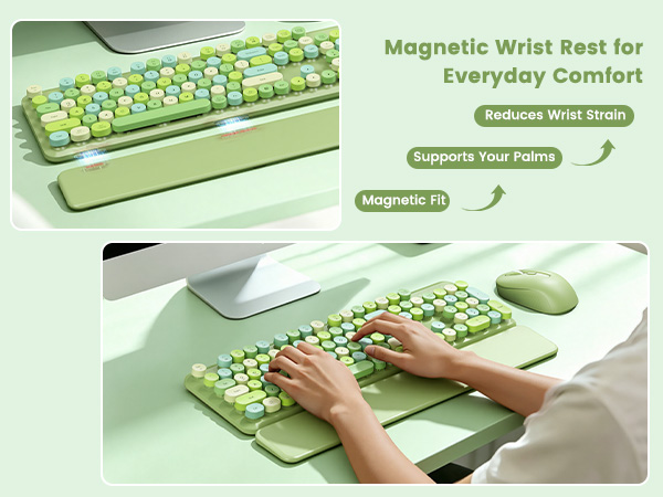 Green Multi-Color retro keyboard and mouse with magnetic wrist rest for everyday comfort.