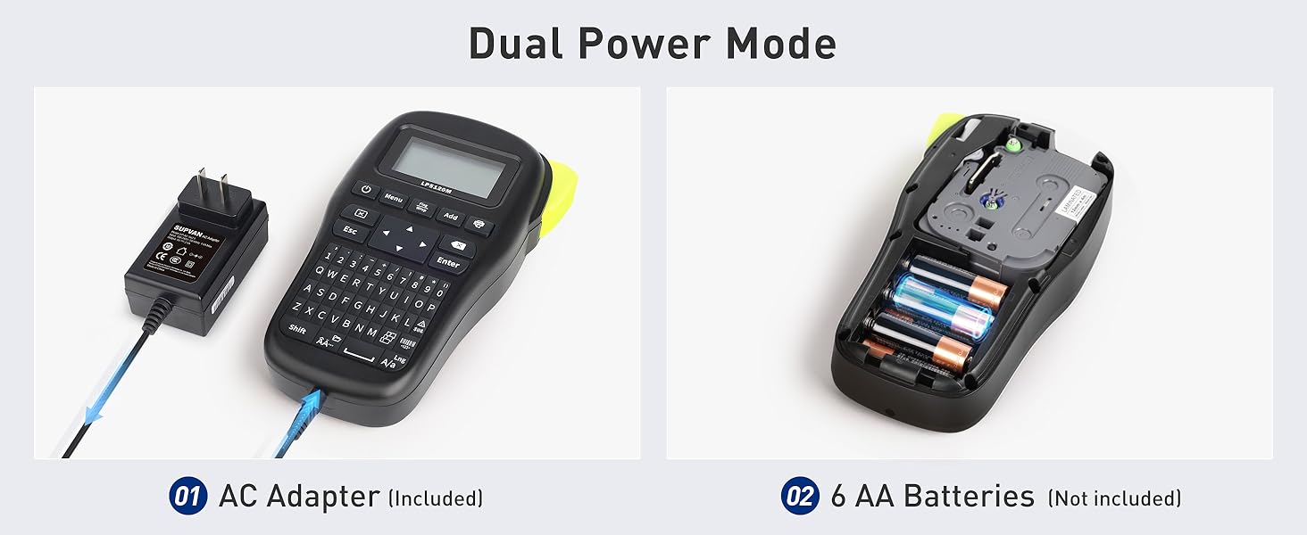 Dual Power Mode: AC Adapter (included); 6 AA Batteries (not included)