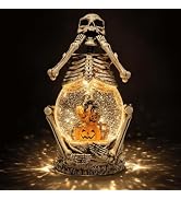 Halloween Skeleton Water Glitter Snow Globe Lantern, 11.42 Inch Lighted Pumpkin Scene Decor with ...