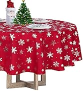 LUSHVIDA Christmas Tablecloth Round - 60inch Snowflakes Foil Print Pattern Washable Wrinkle Resis...