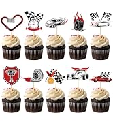 Hooqict 40Pcs Race Car Cupcake Toppers Checkered Flag Cars Cupcake Toppers Birthday Party Cake De...