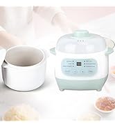 Green 1L Mini Slow Cooker with Steamer Basket, 200W Smart Ceramic Electric Stew Pot, 24-Hour Time...