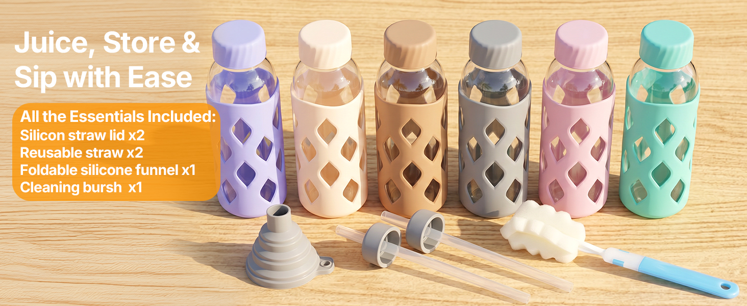 glass juice bottles with lids and straws 16oz, leak proof, bpa free
