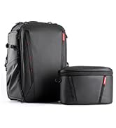 Two black camera bags or cases. One larger rectangular bag and one smaller cube-shaped case, both with red accents.