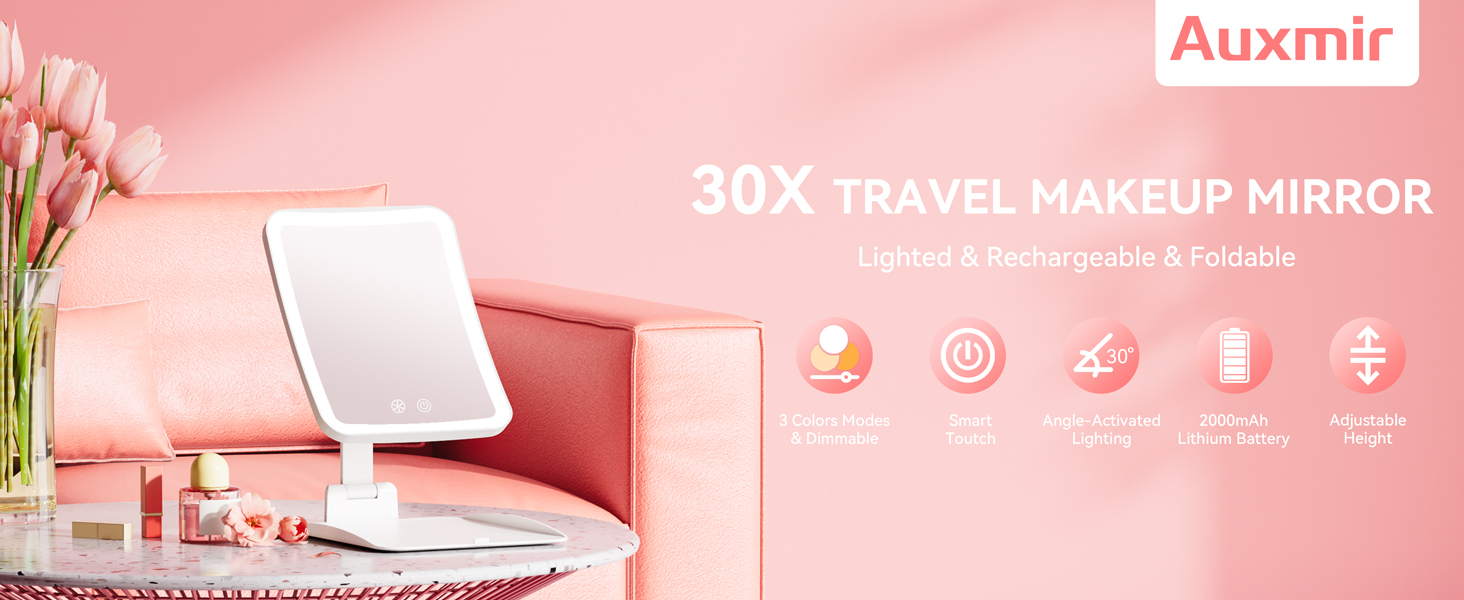 30X lighted travel makeup mirror, foldable, rechargeable with 3 color modes and adjustable height.