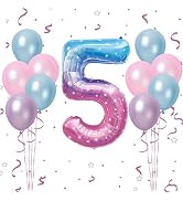 40 Inch Starry Sky Number 5 Balloon, 5th Birthday Balloons, 11Pcs Pearl Light Purple Pink Blue La...