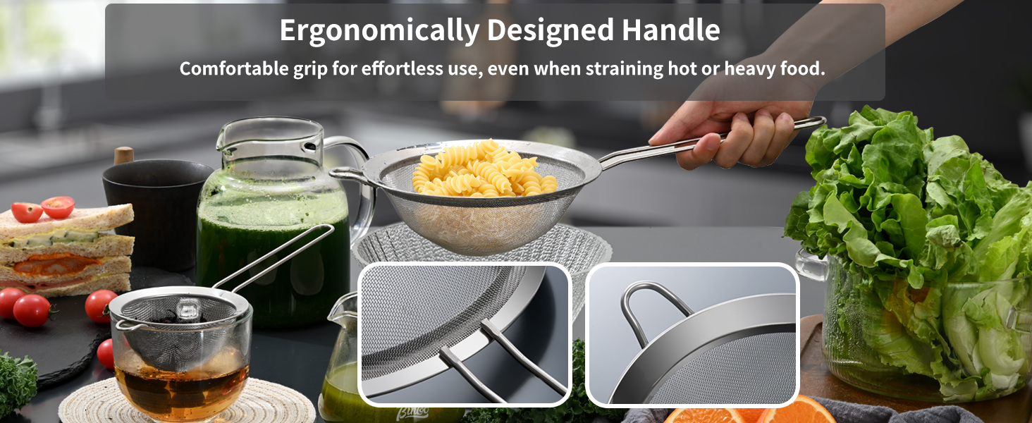 304 stainless steel strainer with ergonomic handle for easy use, even with hot or heavy food.