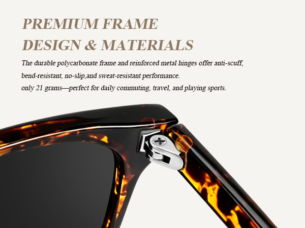 polycarbonate frame and reinforced metal hinges offer anti-scuff, bend-resistant, no-slip,