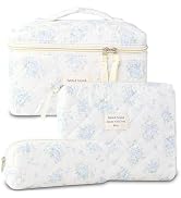 AMZMA Makeup Bag, 3 PCS Quilted Makeup Bag, Cute Floral Cotton Cosmetic Bag set, Coquette Makeup ...