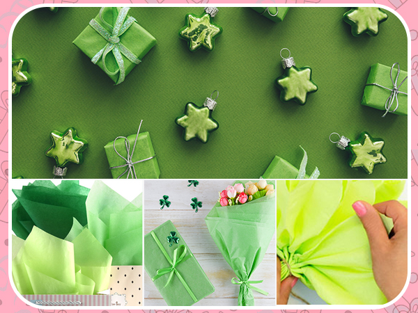 Green gift wrapping ideas. Top shows wrapped presents and star decorations. Bottom displays step-by-step tissue paper flower creation.