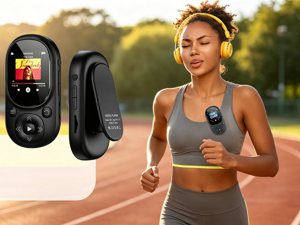 Wearable clip on MP3 music player for sports running and exercise with headphones