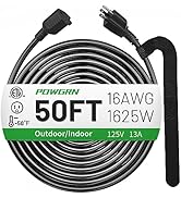 POWGRN 50 FT 16/3 Black Indoor Outdoor Extension Cord Waterproof, 3 Prong Flexblie SJTW Cold Weat...