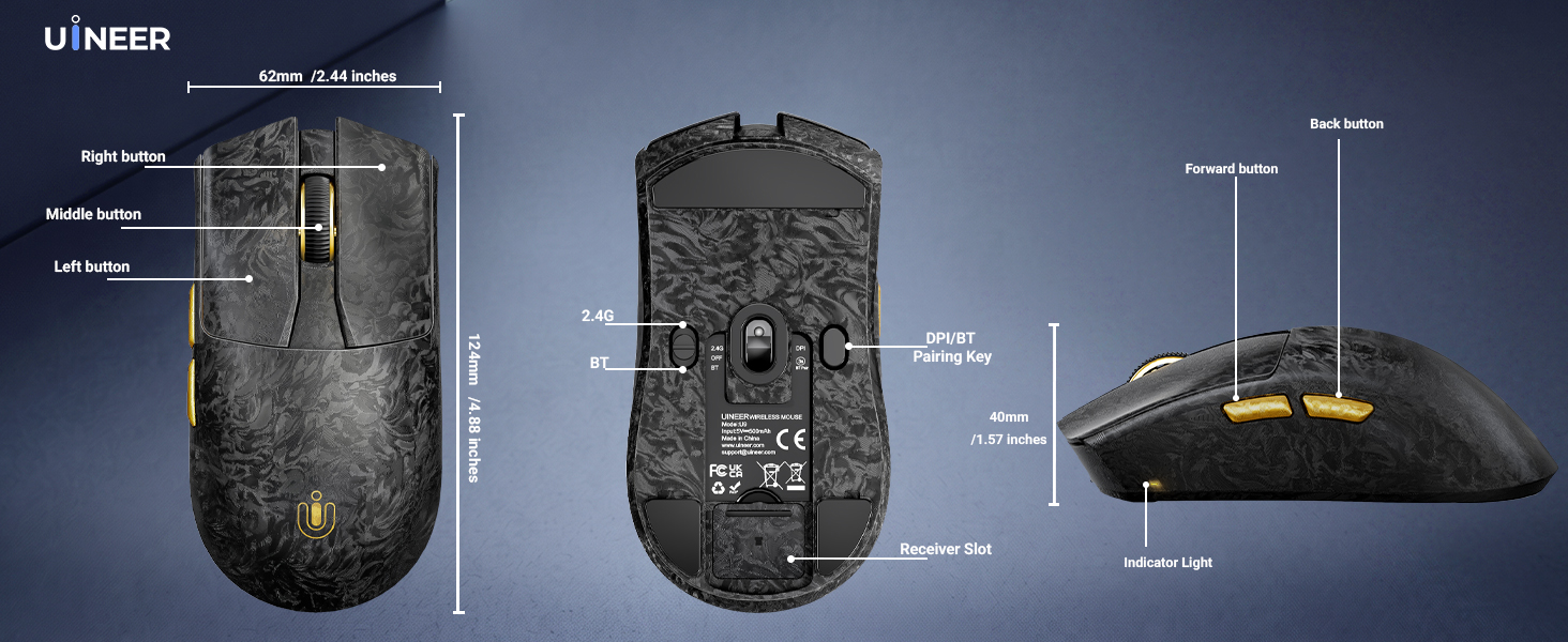 Text reads: 'U-LINER' with labeled technical specifications and measurements. Bottom and side view diagrams of dark textured device with dimensional callouts and feature indicators throughout.