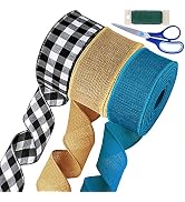 Winlyn 18 Yards Black & White Buffalo Check Plaid Wired Gingham Ribbon Natural Teal Jute Burlap F...
