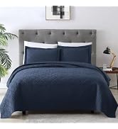 EXQ Home Quilt Set Full Queen Size Navy 3 Piece,Lightweight Soft Coverlet Modern Style Squares Pa...