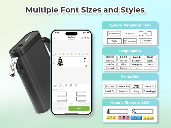 Portable label maker with smartphone app interface. Device prints customizable labels with various fonts, sizes, and styles. App shows multiple language options and label templates.
