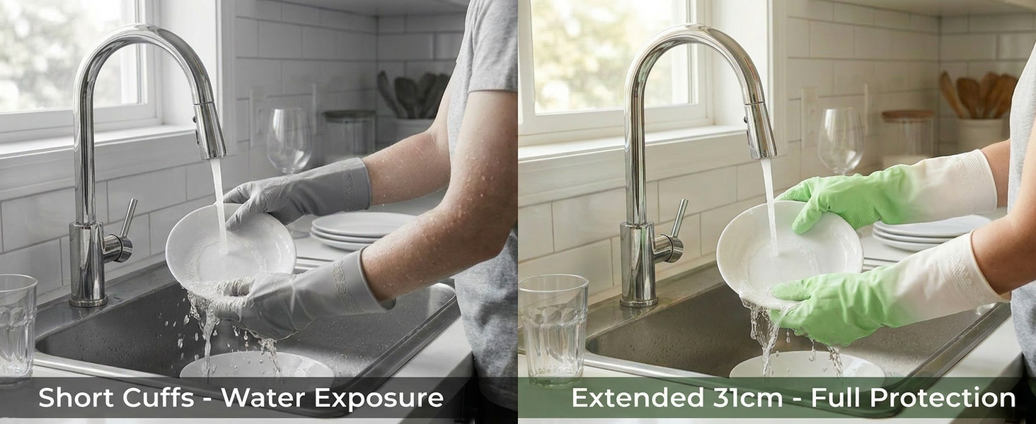 Extended 31cm cuff cleaning gloves keep water out, unlike short cuffs.