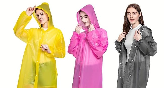 Three translucent raincoats in yellow, pink, and gray colors featuring full-length design with hoods, snap closures, and knee-length cut.