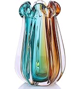 Hand Blown Glass Vase, Murano-Style Colorful Art Glass Centerpiece, Heavy Large Wide Mouth Ruffle...