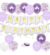 Happy Birthday Banner, Purple Birthday Decoration, 16 Pcs 12in Balloons with 2 Ribbons for Men Wo...