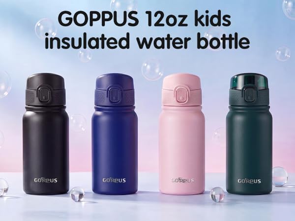 12-ounce water bottles in various colors