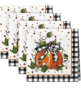 Horaldaily Fall Cloth Napkins 18 x 18 Inch, Thanksgiving Autumn Harvest Buffalo Plaid Pumpkin Par...