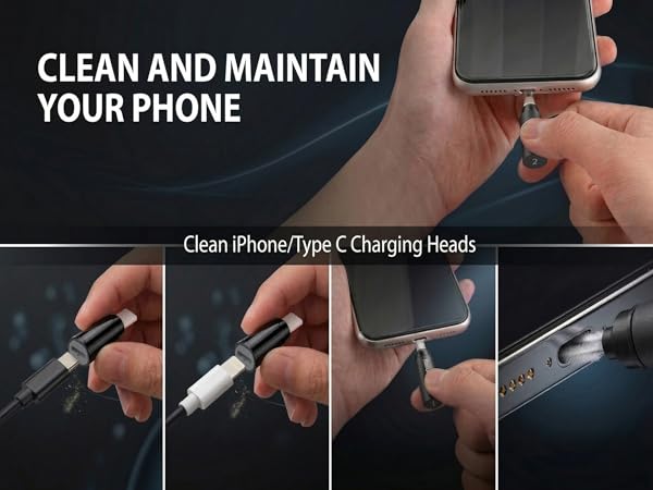 Cleaning iPhone charging port and USB-C cable plugs with precision toolset.