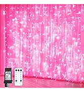 JMEXSUSS 300 LED Remote Control Pink Curtain Lights, 8 Modes Pink Valentine Lights, Pink String L...