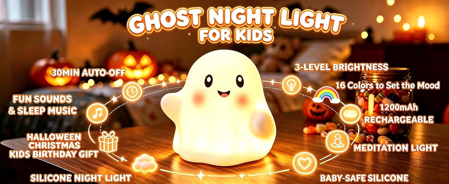 Ghost night light for kids,30min auto-off,FUN SOUNDS,SLEEP MUSIC,3-LEVELBRIGHTNESS, RECHARGEABLE