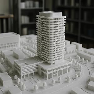 White 3D printed architectural model of a high-rise building and surrounding city layout