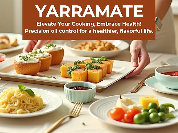 Kitchen table with Yarramate cooking oil product advertisement. Various dishes displayed include pasta, stuffed bread, cubed squash, and fresh vegetables, showcasing diverse cooking applications.