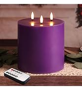 Girimax 3 Wick Purple Flameless Pillar Candle with Remote, 6x6 inch Large LED Candle Flickering C...