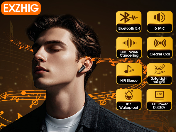 A handsome guy wearing earbuds, surrounded by icons showcasing the various features of the earbuds.