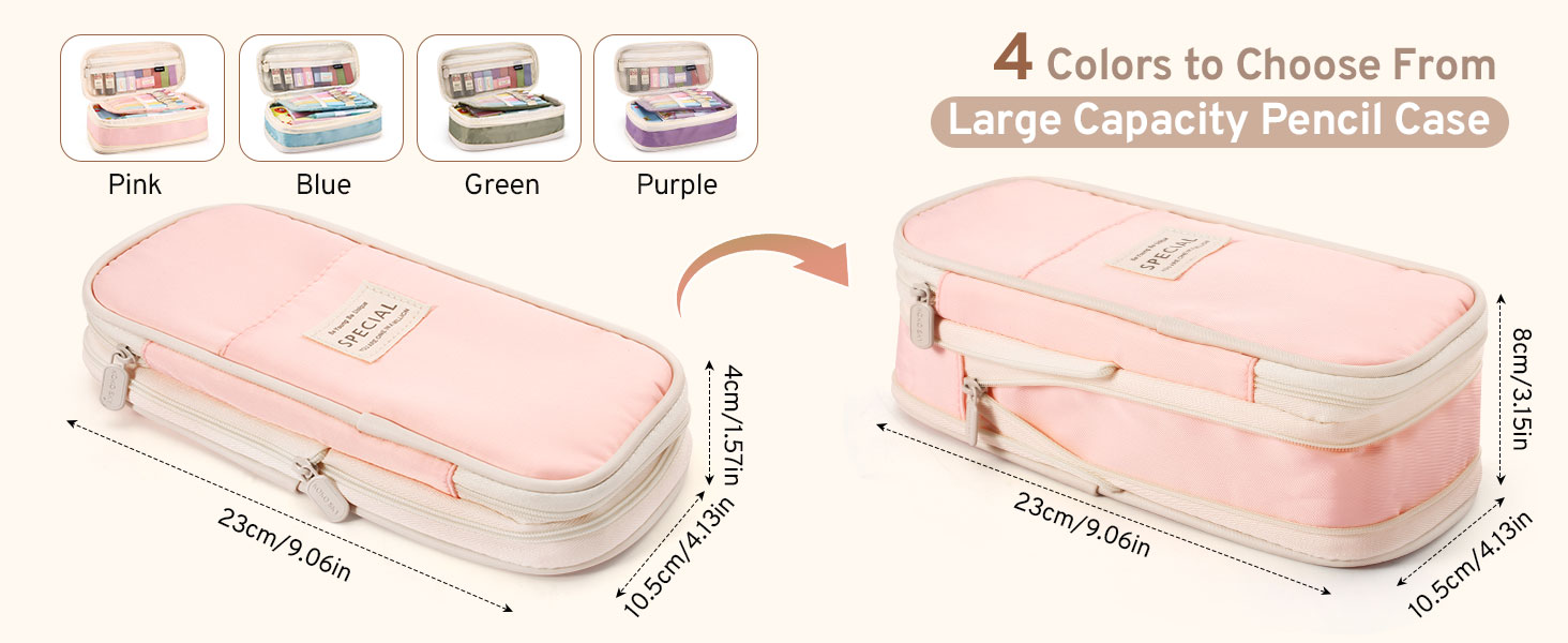 Large capacity pencil case in four color options: pink, blue, green, and purple. Features dual compartments, zipper closure, and dimensions of 23x9x7cm. Expandable design shown in side view.