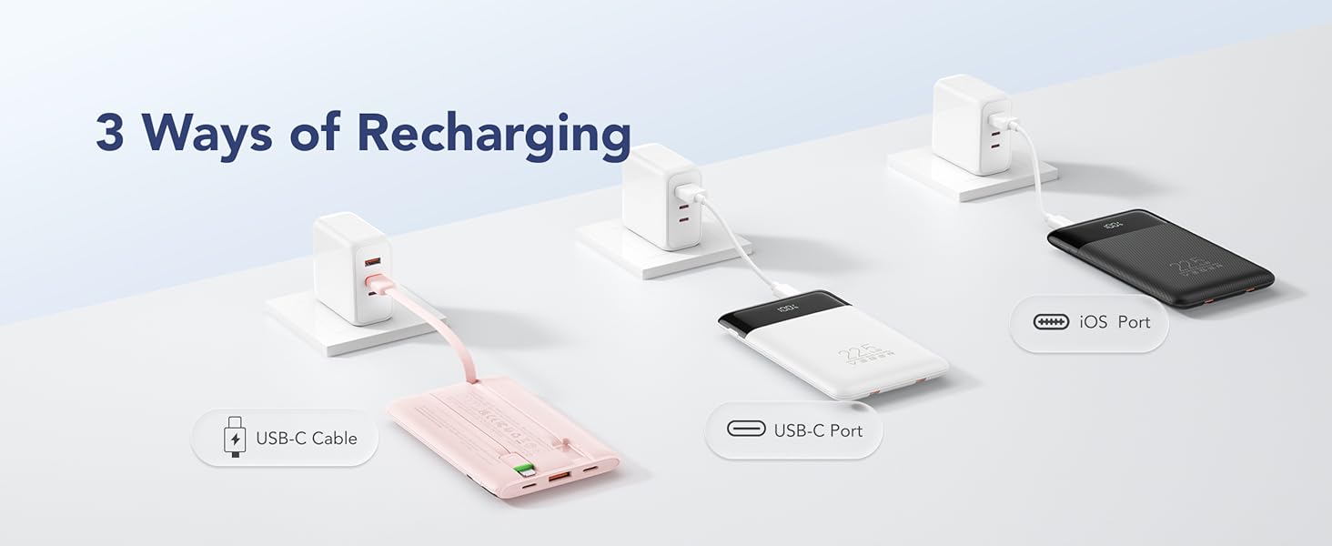 3 Ways of Recharging. 1. Built-in USB-C Cable. 2. USB-C Input Port. 3. Lightning Input Port..