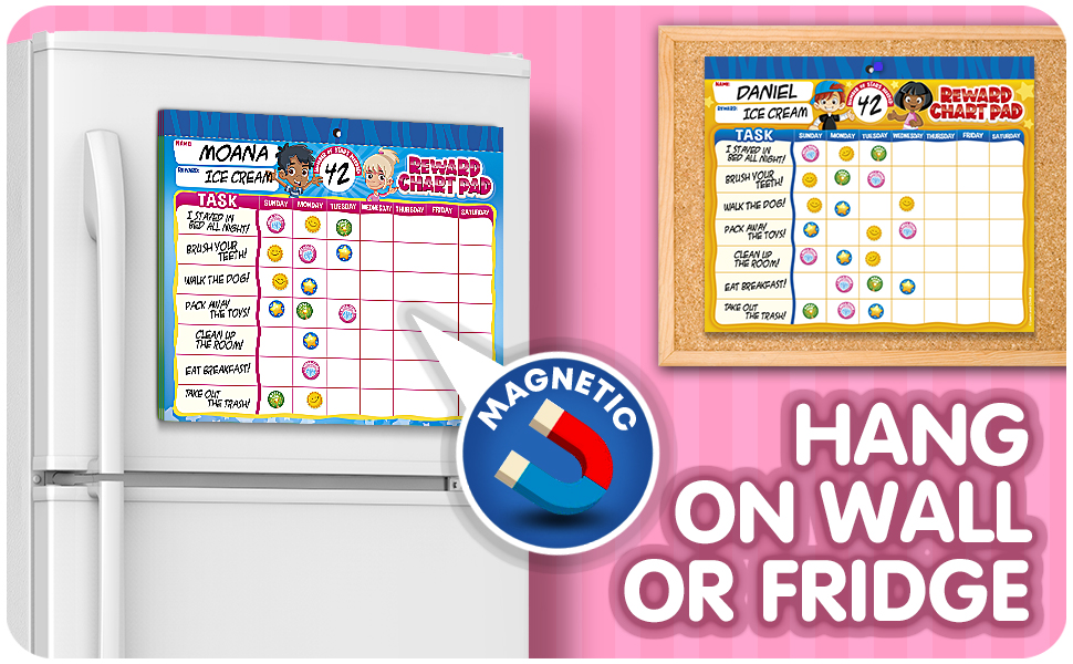 You cane hang the reward chart pad on the fridge all wall