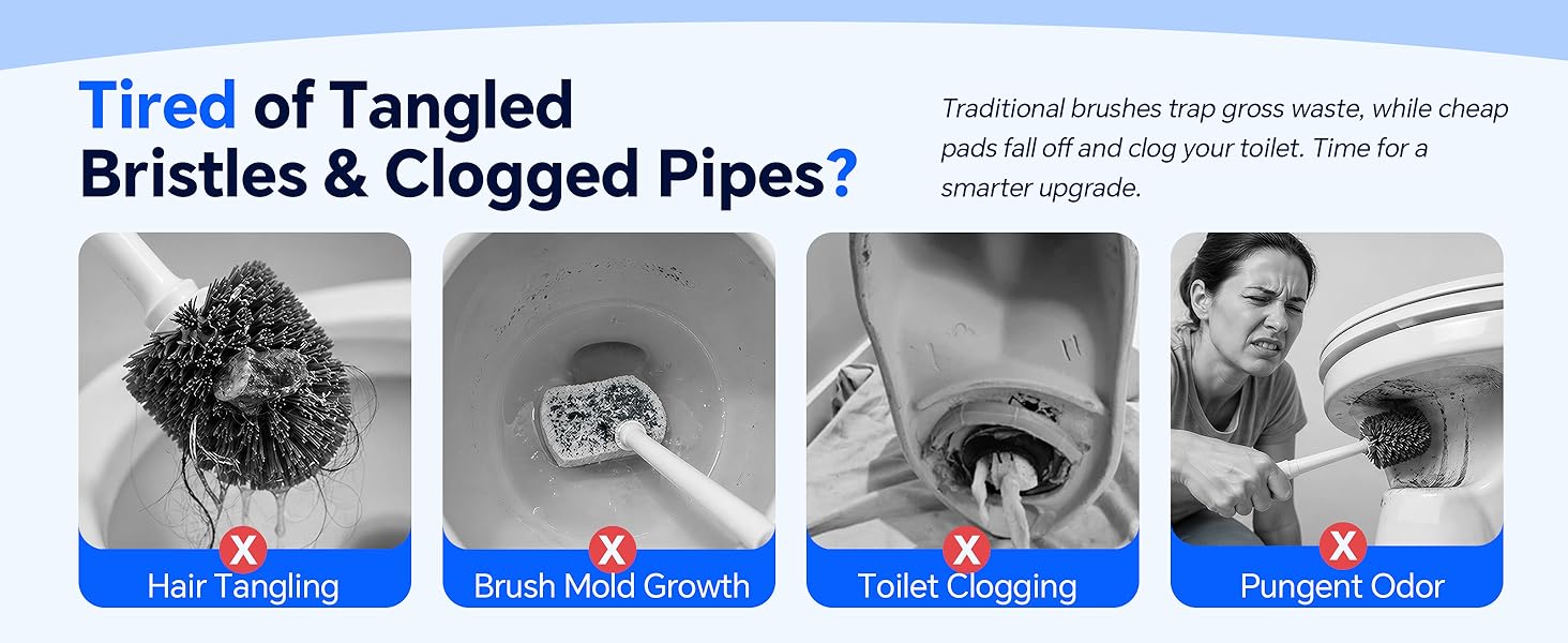 Disposable toilet wand replaces dirty brushes. No more tangled hair, clogs, or gross odors