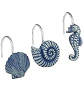 Sunlit Seashells Decorative Shower Curtain Hooks, Blue Ocean Creatures Coastal Shower Curtain Rin...