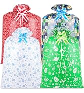 JWSCYSY 4 Extra Large Christmas Bags, Jumbo 60" x 36" Oversized Plastic Gift Bags with Pull Bows ...