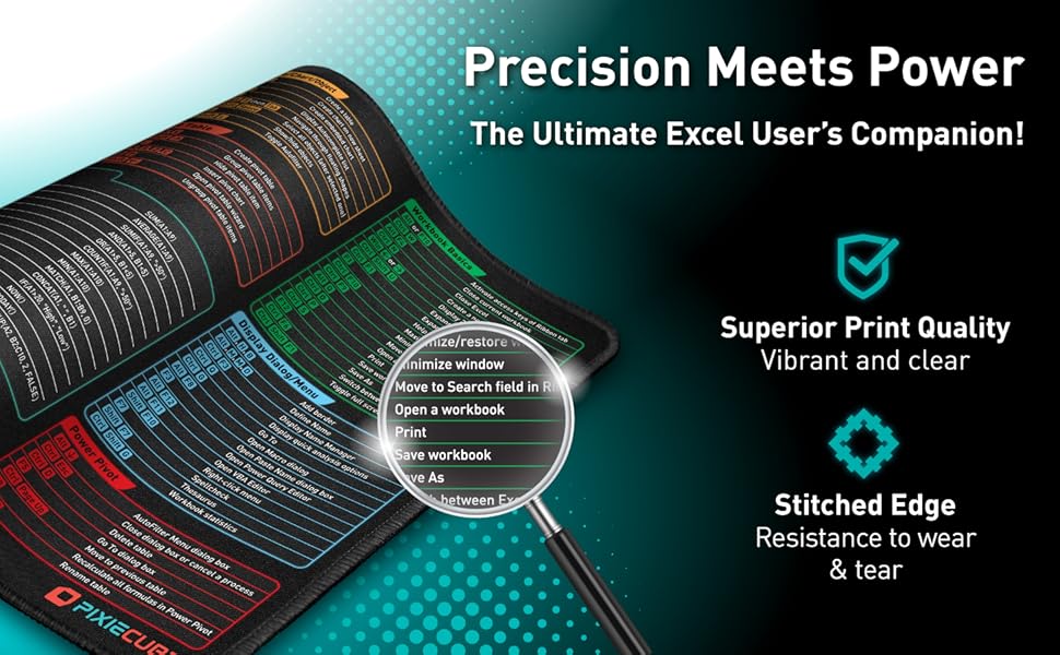 Text reads 'Precision Meets Power' and 'The Ultimate Excel User's Companion'. Professional product photography of technical or software-related material on teal background.